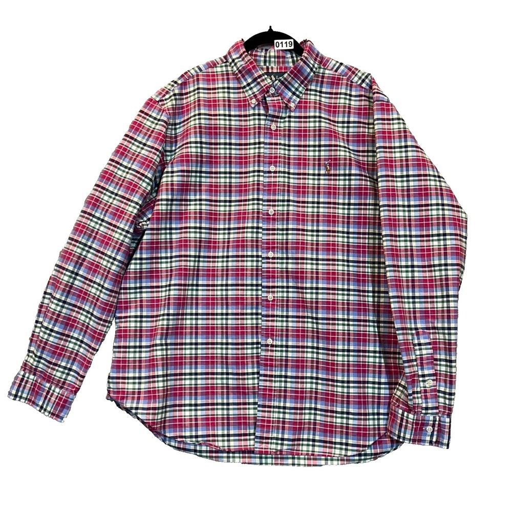 Ralph Lauren Button Up Shirt Mens XXL Multicolor Checked Flesh Pony Preppy Work
